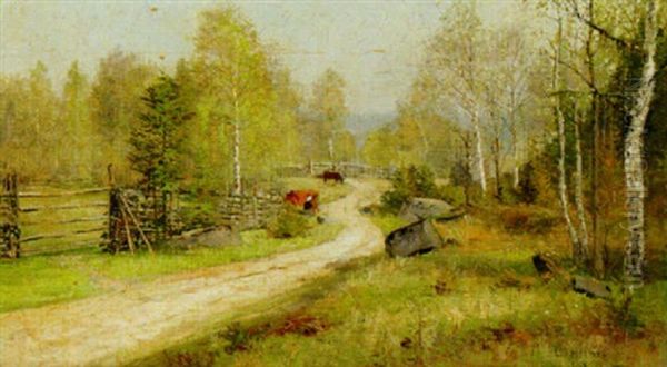 Sommarlandskap Med Betande Kor Oil Painting by Olof Hermelin