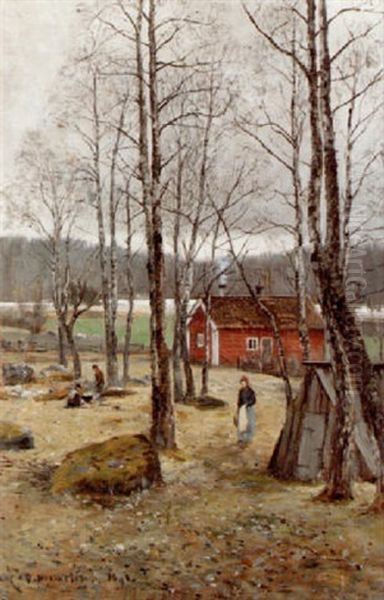 Landskap Med Figurer Och Rod Stugasenvinter Oil Painting by Olof Hermelin