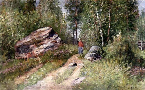 Kvinna Pa Skogsvag Oil Painting by Olof Hermelin