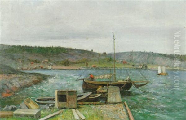 Skargardsvik Med Batar Oil Painting by Olof Hermelin