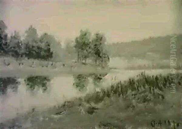 Sommarlandskap Med Trad                                     Vid Vattendrag Oil Painting by Olof Hermelin