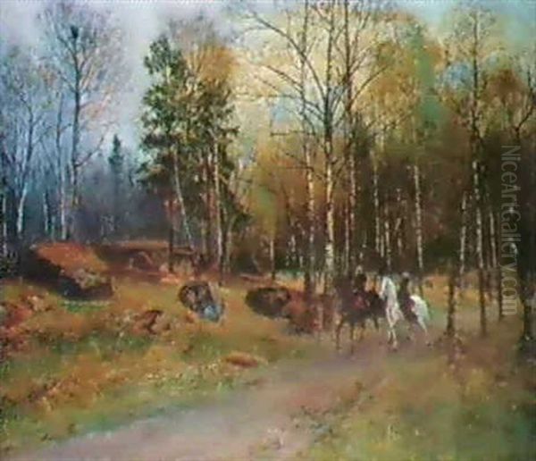 Ridande Sallskap I Bjorkskog Oil Painting by Olof Hermelin