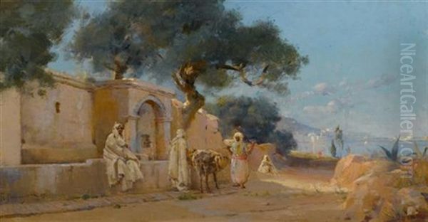 Drei Manner Am Brunnen, Wohl In Algier Oil Painting by Abraham Hermenjat