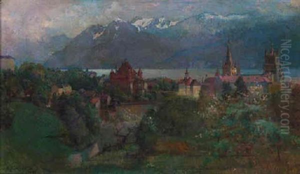 A Swiss Town By Lake Geneva Oil Painting by Abraham Hermenjat