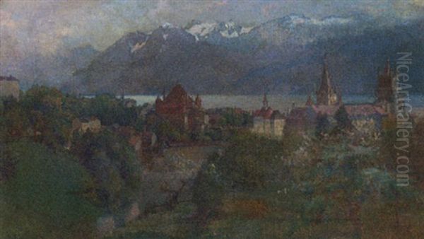 A Swiss Town By Lake Geneva by Abraham Hermenjat