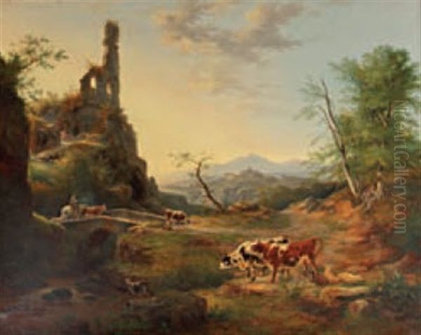 Paysage De Campagne Montagneuse Avec Pont Et Vaches Oil Painting by Victor Herment