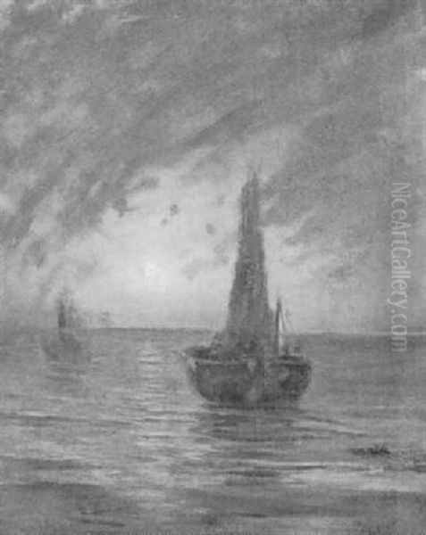 Boote In Dunung Bei Vollmond Oil Painting by Frans Peter Hermesdorf