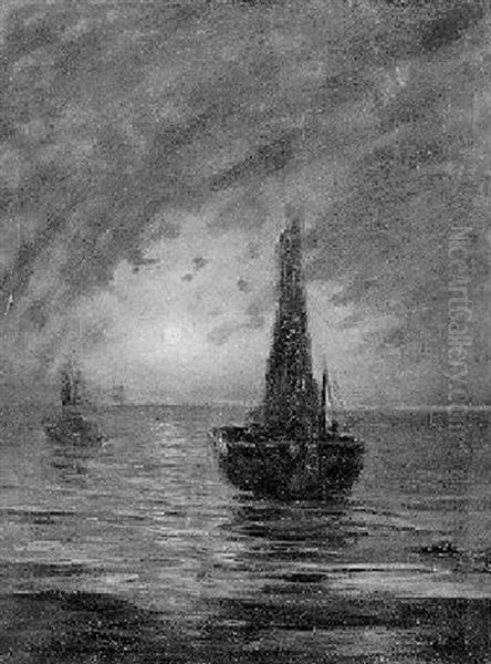 Boote In Dunung Bei Vollmond Oil Painting by Frans Peter Hermesdorf