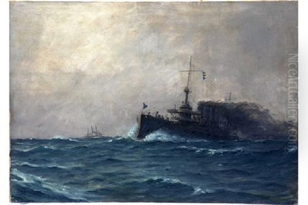 Marina Con Barco De Guerra Oil Painting by Francisco Hernandez Monjo