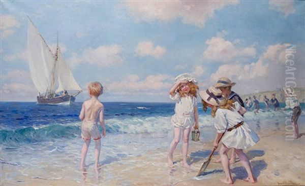 Ninos Jugando En La Playa Oil Painting by Daniel Hernandez Morillo