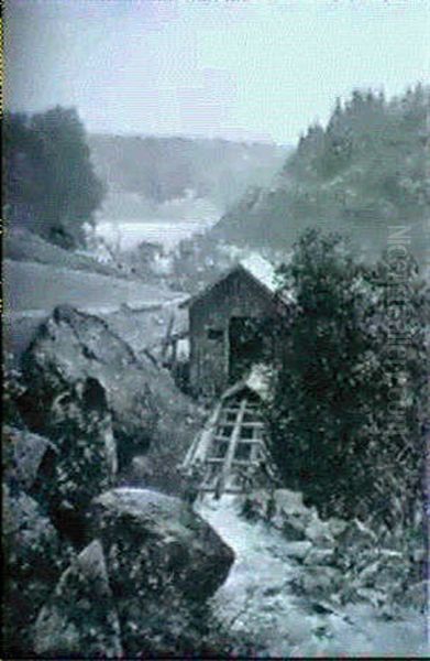 Berglandskap Med Kvarnbyggnad-i Fonden Smastad Vid Vatten Oil Painting by Ferdinand Hernlund