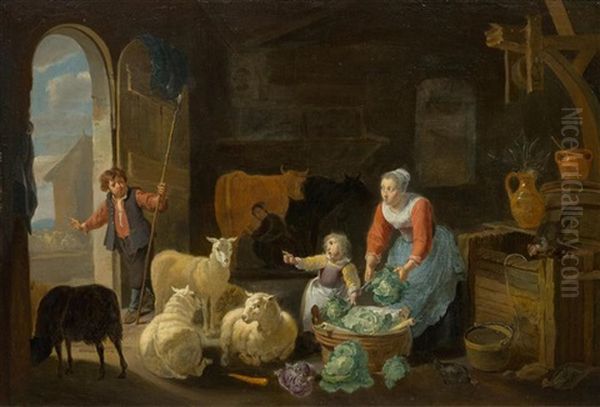 Stable Interior With A Maid And Two Children Oil Painting by Willem van Herp the Elder