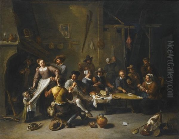 Tavern With Merrymakers And Cardplayers Oil Painting by Willem van Herp the Elder