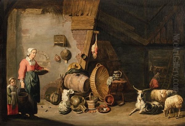 Stable Scene With Still Life Oil Painting by Willem van Herp the Elder