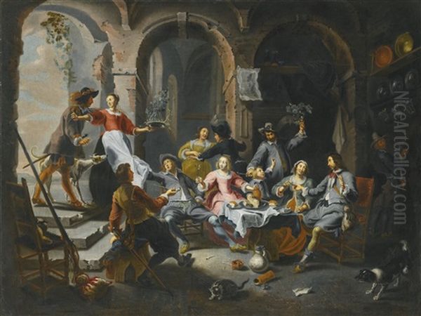 Interior With Soldiers Drinking And Carousing With Women by Willem van Herp the Elder