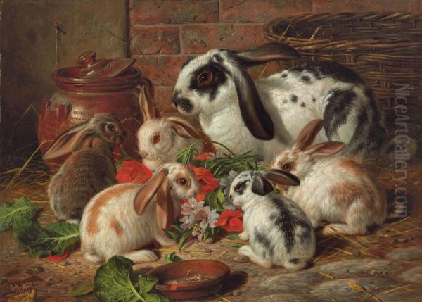 A Family Of Rabbits Oil Painting by Alfred R. Barber