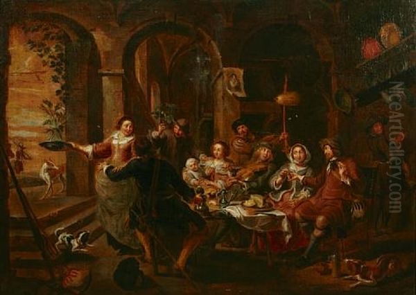 Figures In A Tavern Interior Oil Painting by Willem van Herp the Elder