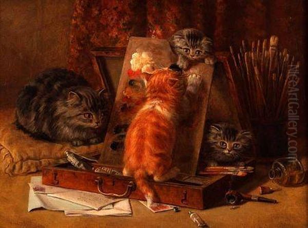 Kittens Playing With A Paint Box Oil Painting by Alfred R. Barber