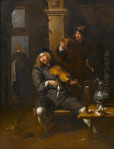 An Interior With A Young Man Playing A Violin And Another Raising A Glass Of Wine Oil Painting by Willem van Herp the Elder