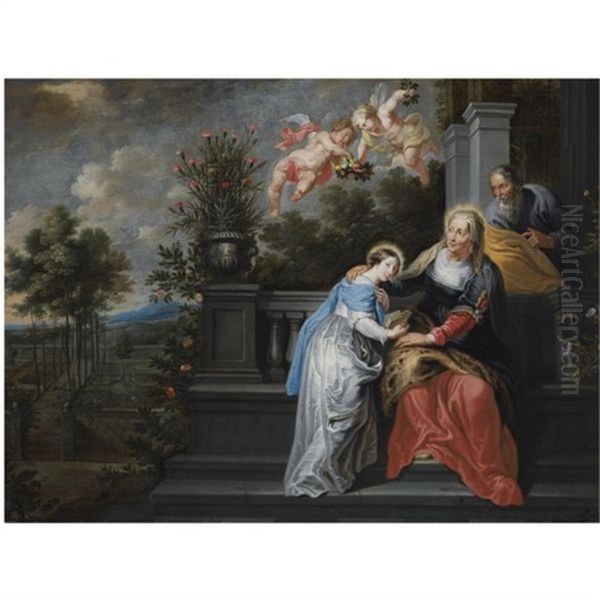 Saint Anne Teaching The Virgin Mary To Read, In A Garden Setting, With Two Angels Descending, Bearing A Floral Crown Oil Painting by Willem van Herp the Elder