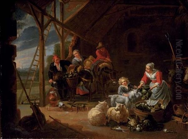 A Peasant Woman Selling Vegetables In A Barn With Travellers Loading Their Donkeys Oil Painting by Willem van Herp the Elder