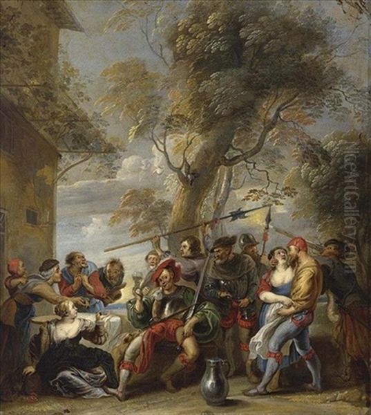 Bandits Assaulting A Group Of Peasants Outside An Inn Oil Painting by Willem van Herp the Elder