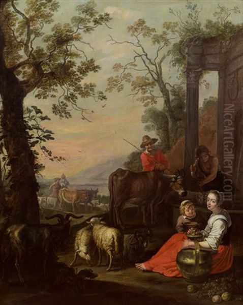 Bauernfamilie Mit Vieh Am Brunnen Oil Painting by Willem van Herp the Elder