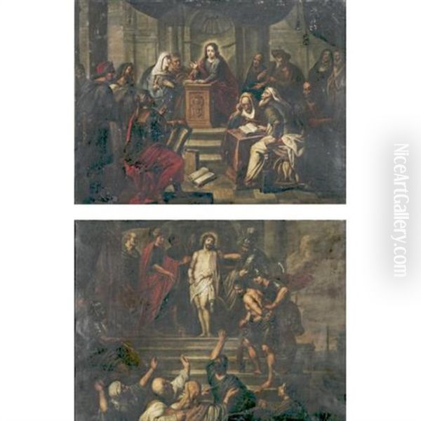 Christ In The Temple (+ Ecce Homo; Pair) Oil Painting by Willem van Herp the Elder