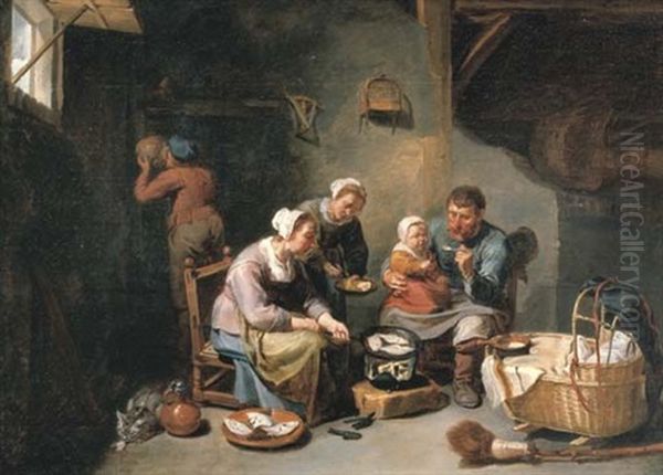 A Peasant Family Frying Fish In An Interior Oil Painting by Willem van Herp the Elder