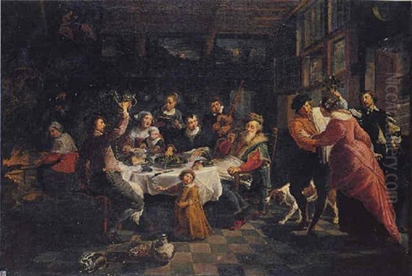 Interior With A Family Feasting And Dancing Oil Painting by Willem van Herp the Elder