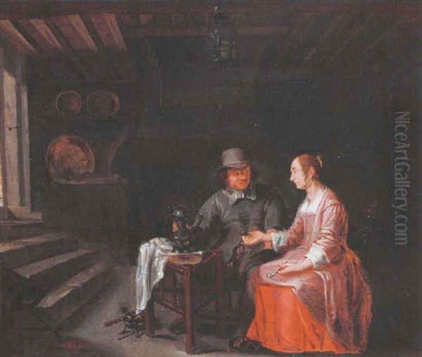 A Couple Drinking And Smoking In An Interior Oil Painting by Willem van Herp the Elder