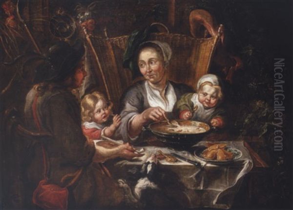 A Peasant Family At Dinner Oil Painting by Willem van Herp the Elder