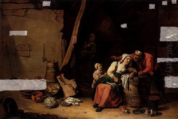 A Barn Interior With An Old Man And A Child Attending To An Old Lady Seated Near A Barrel, A Woman Beyond Oil Painting by Willem van Herp the Elder