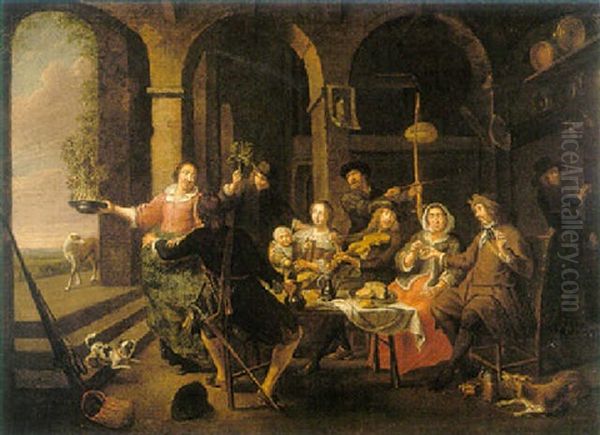 An Interior With Figures Making Merry Around A Table Oil Painting by Willem van Herp the Elder