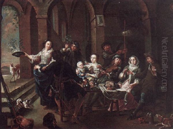 An Interior With Various Figures Seated At A Table Dining, Drinking And Making Music Oil Painting by Willem van Herp the Elder