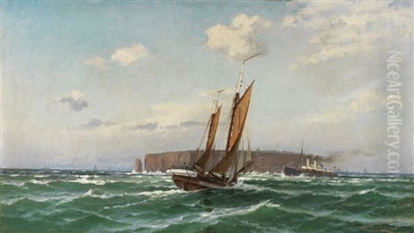 Segelboot Und Dampfer Vor Helgoland Oil Painting by Franz Karl Herpel