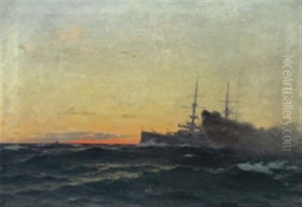 Angeschossenes Kriegsschiff Des 1. Weltkrieges Oil Painting by Franz Karl Herpel