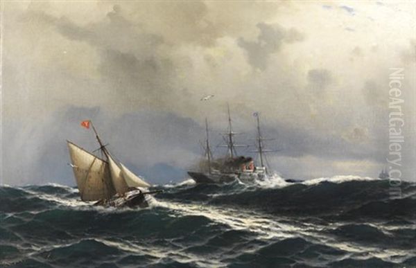 Segelkutter Und Dampfer Auf Sturmischer See Oil Painting by Franz Karl Herpel