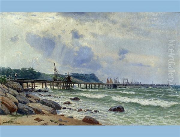 Coast With Sea Bridge And Sunshine Oil Painting by Franz Karl Herpel