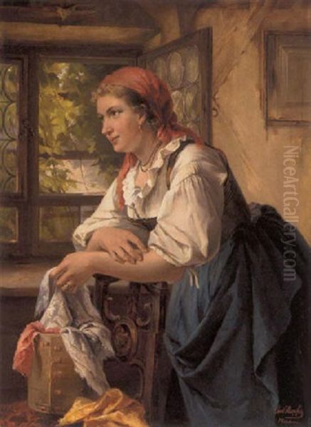 Peasant Girl With Scarves Oil Painting by Carl Herpfer