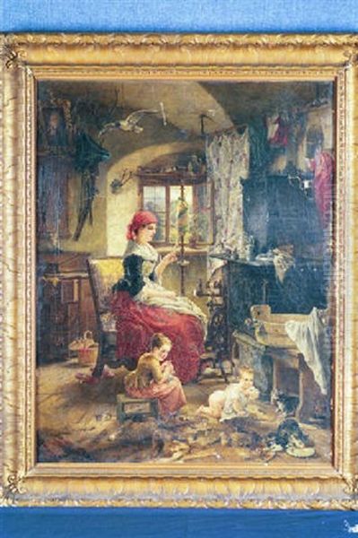 Mother And Children In An Interior Oil Painting by Carl Herpfer