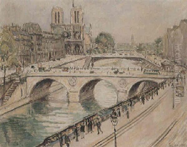 Blick Auf Notre Dame, Die Brucken Und Das Linke Seine-ufer Oil Painting by Fritz Herpfer