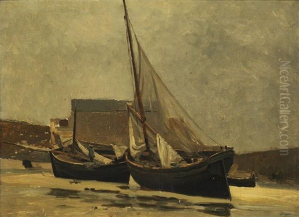 Barque De Peche Sur La Greve Oil Painting by Leon Pierre Herpin