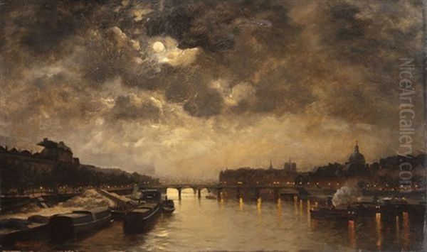 Les Quais A Paris, La Nuit Oil Painting by Leon Pierre Herpin