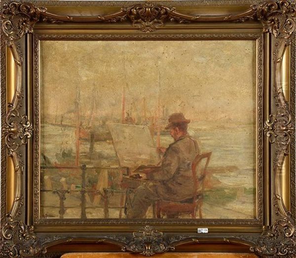 Le Peintre Et Son Chevalet Devant Un Port De Peche Oil Painting by Lievin Herremans