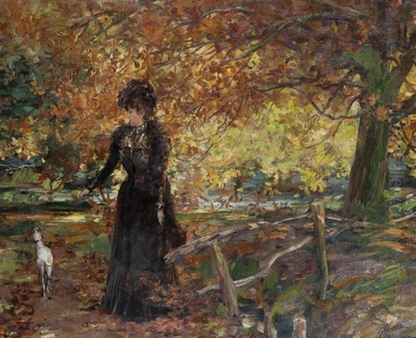 Sous-bois Anime D'une Femme Bourgeoise Promenant Son Chien Oil Painting by Lievin Herremans