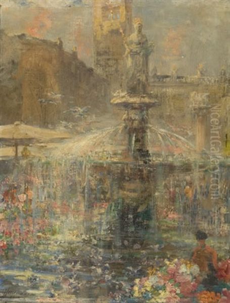 City Fountain Oil Painting by Lievin Herremans