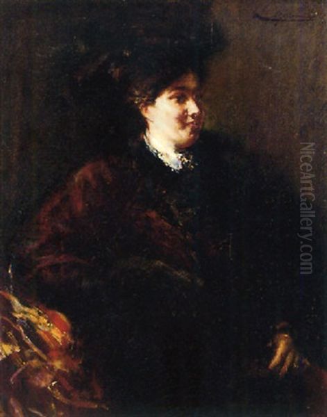 Portrait Of A Lady Wearing A Hat And A Burgundy Coat Oil Painting by Lievin Herremans