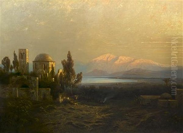 View Of The Plain Of Paphos With Mount Olympia In The Background Oil Painting by Johann Andreas Herrenburg