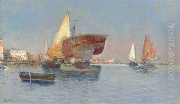 Fishing Vessels In The Venetian Lagoon Oil Painting by Cesar Herrer